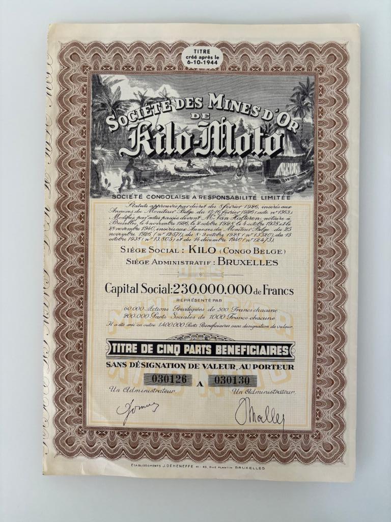 1 x 5 Action de Mines d'Or Kilo-Moto (Kilo Moto), Enlèvement ou Envoi, 1920 à 1950, Action