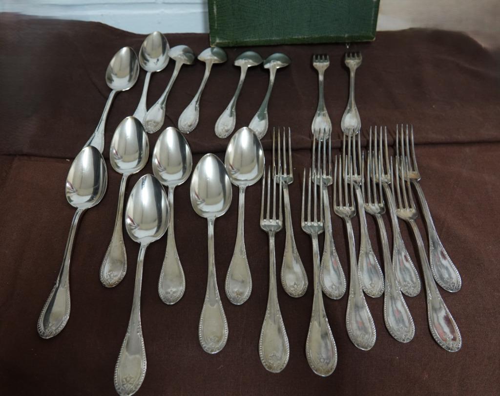 12 oude lepels & 12 vorken met pareltjesrand Phenix Argentin, Ophalen of Verzenden