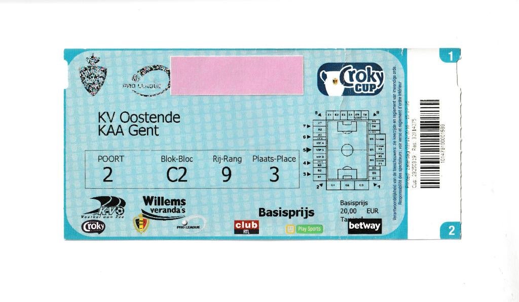 (gebruikt) ticket : Oostende - Gent : croky cup : 14/12/2016, Verzamelen, Sportartikelen en Voetbal, Ophalen of Verzenden, Gebruikt