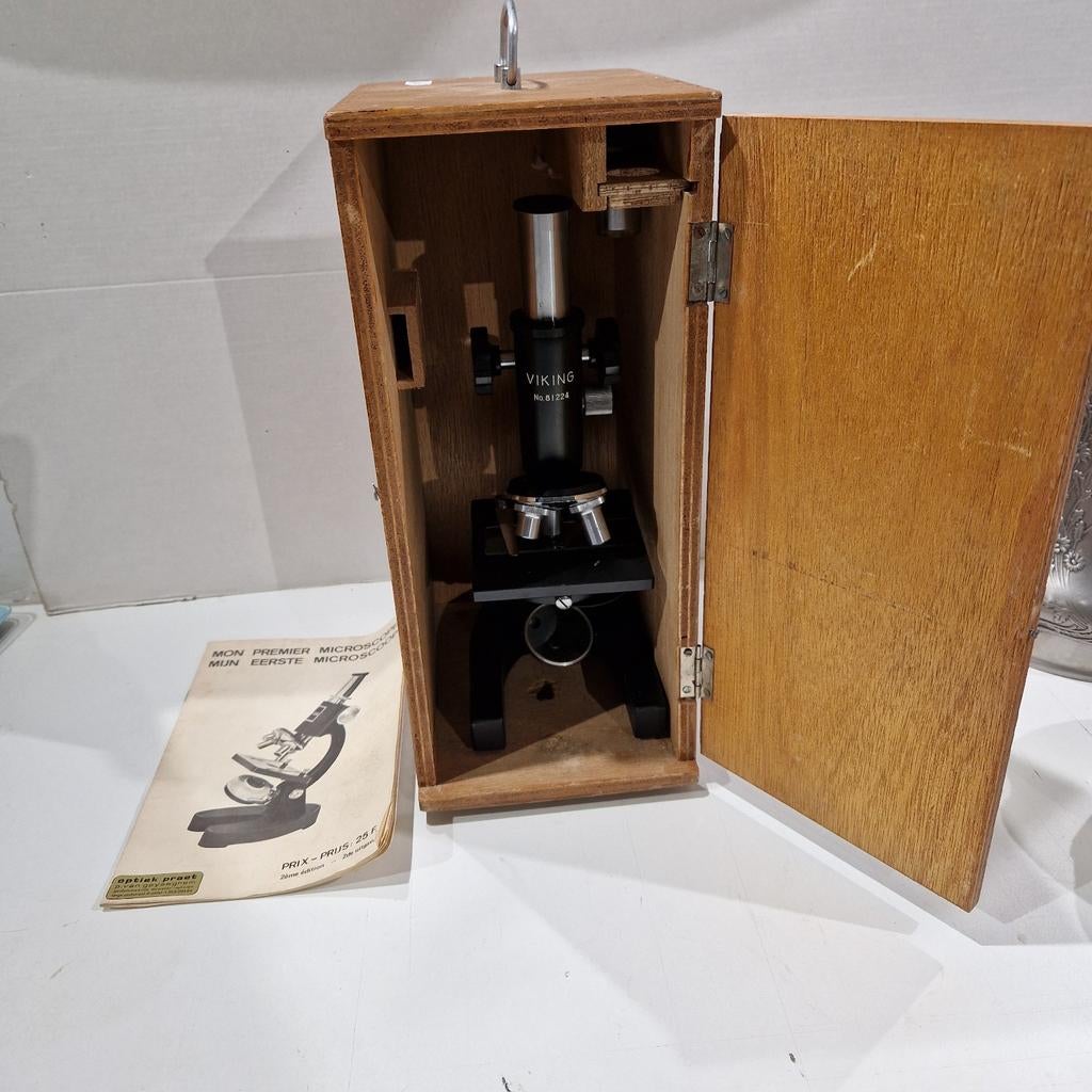 Microscoop Viking no. 81224 in houten opberg doos, Audio, Tv en Foto, Optische apparatuur | Microscopen, Ophalen of Verzenden