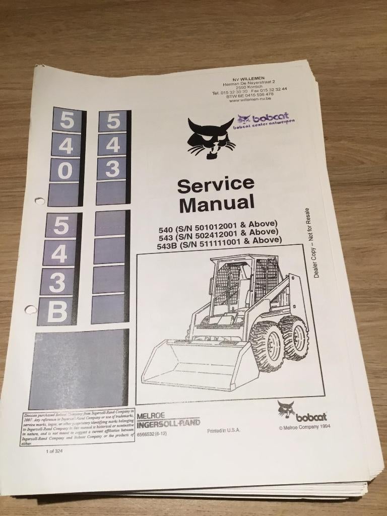 Werkplaatshandboek en onderdelenlijst BOBCAT 540/543, Enlèvement ou Envoi, Chargeuse sur pneus ou Chouleur