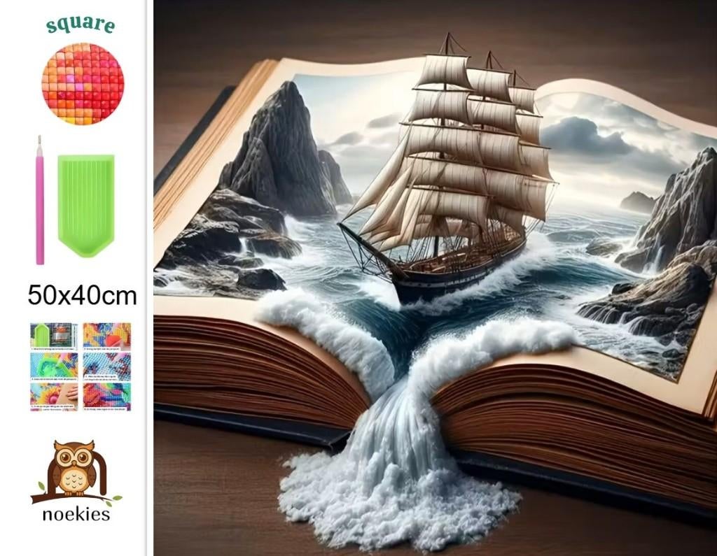 Nr 16 Diamond Painting bateau à livre ouvert 50x40cm (carré), Hobby & Loisirs créatifs, Bricolage, Neuf, Diamond painting, Éducatif