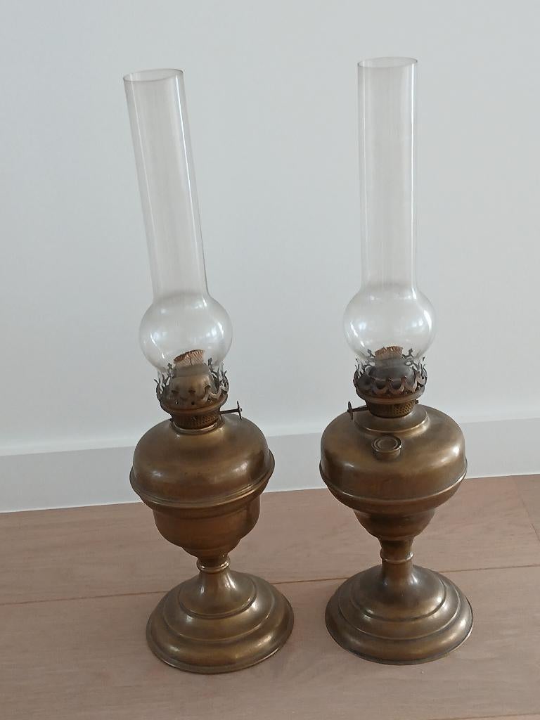2 antieke koperen olielampen, Antiek en Kunst, Ophalen of Verzenden, Koper