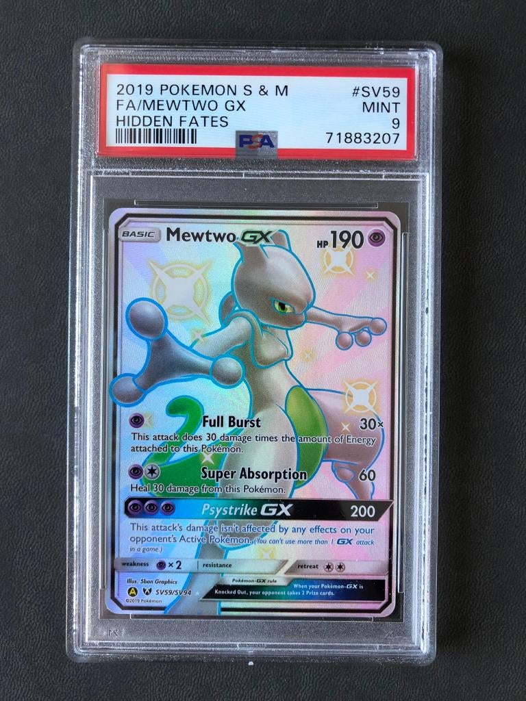 Mewtwo Gx Full Art - Hidden Fates PSA 9, Ophalen of Verzenden, Nieuw, Losse kaart