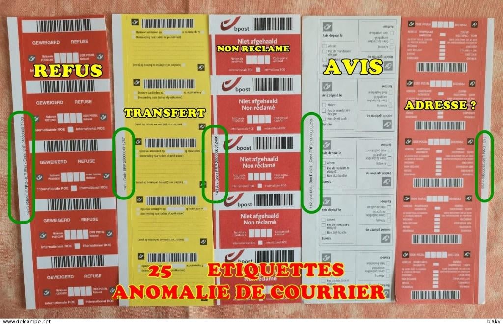 25 POSTLABELS MET AFWIJKINGEN, VEL VAN 5 ETIKETTEN, Ophalen of Verzenden