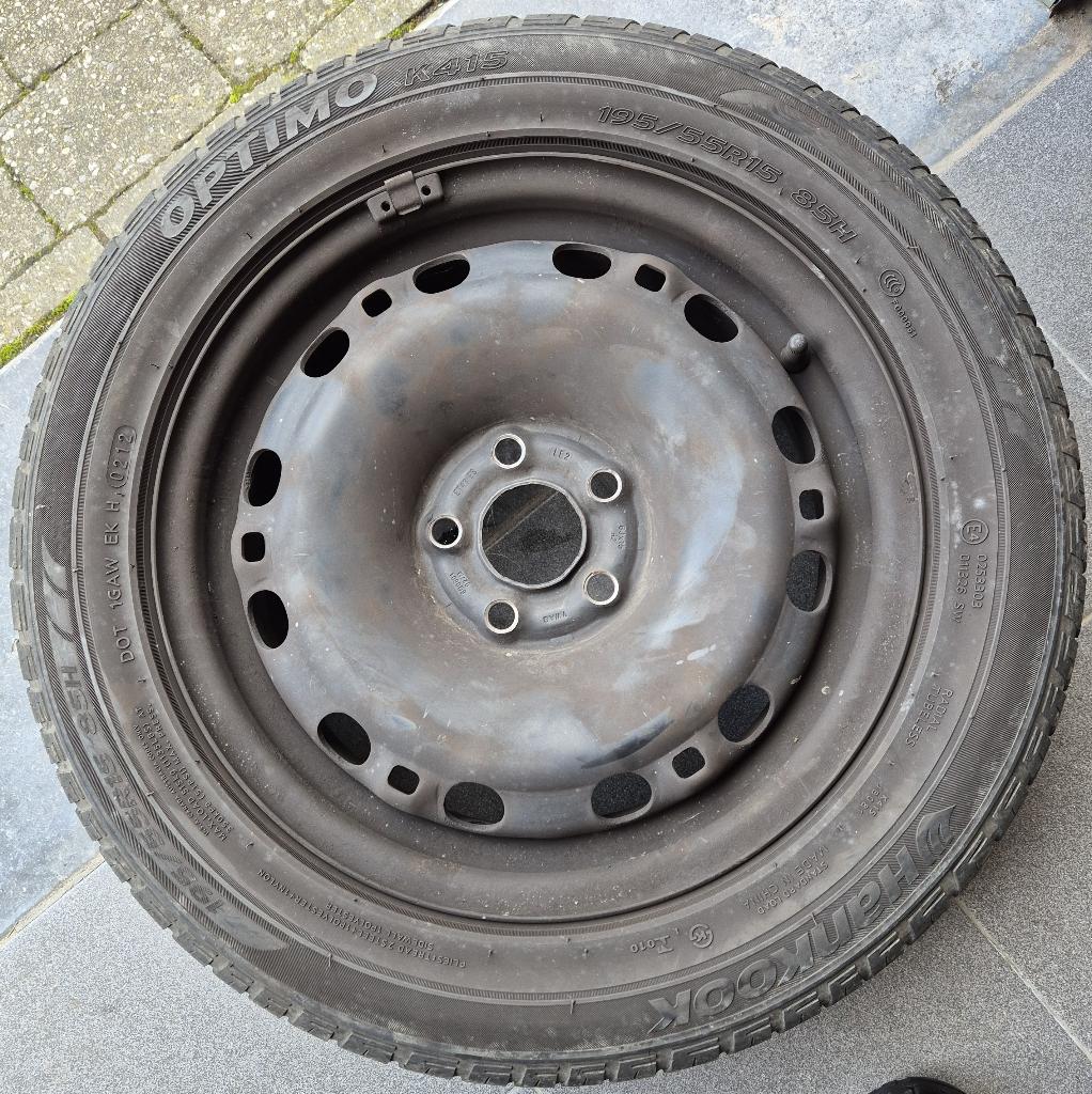 Set 4 zomer banden Hankook Optimo op stalen velg 195/55 R15, Auto-onderdelen, Banden en Velgen, Ophalen, Gebruikt, 15 inch, Band(en)