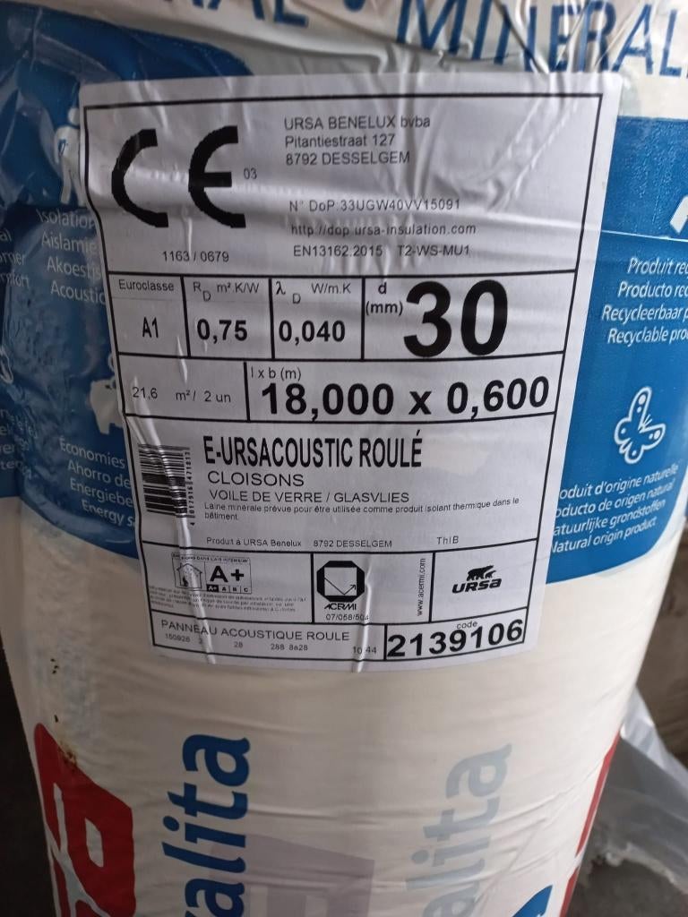 URSA GEO ACOUSTIC 30 mm x 600 mm x 18 000 mm, 15 m² ou plus, Laine de verre, Enlèvement, Moins de 4 cm
