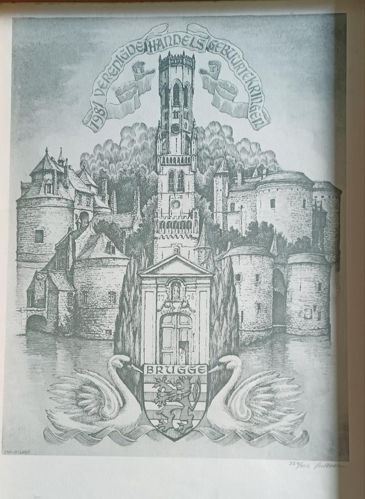 Tekening van Jan Kellner met Belfort Brugge, Antiek en Kunst, Kunst | Tekeningen en Fotografie, Ophalen of Verzenden