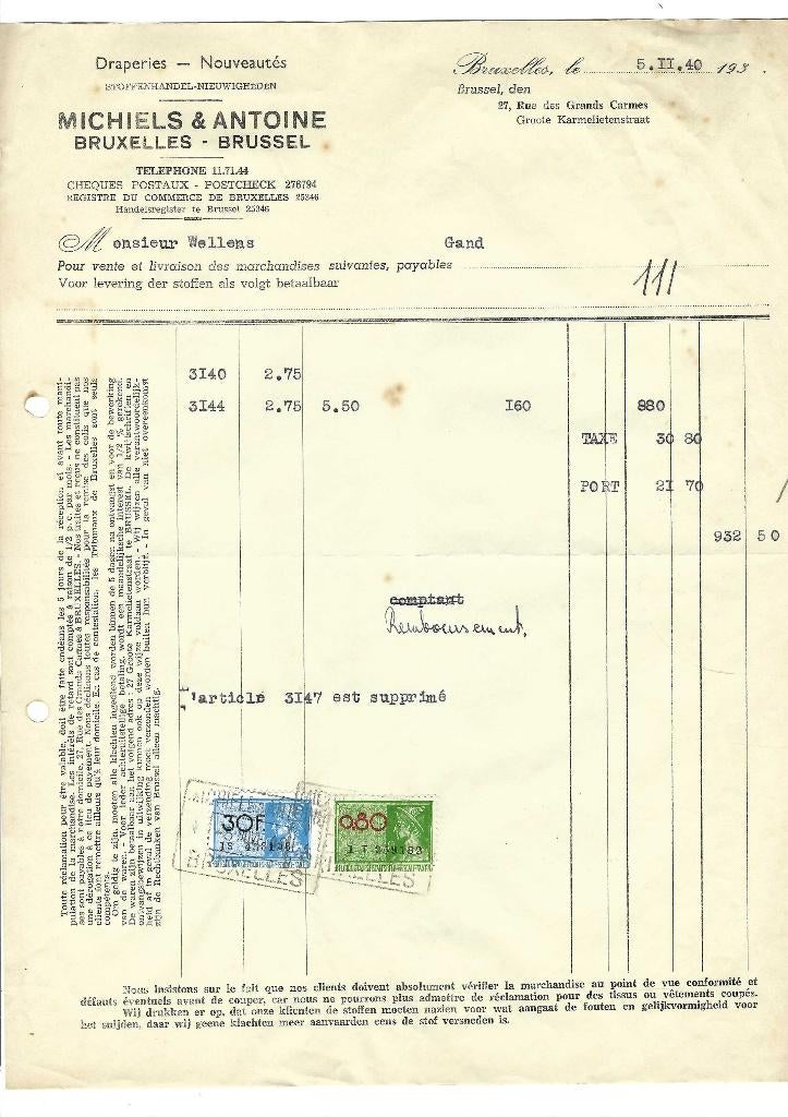 Ancienne facture 1940, Ophalen of Verzenden, Gebruikt