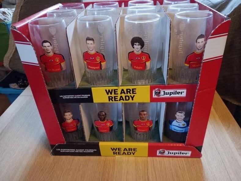 Verzameling Rode Duivels bierglazen in doos, Verzamelen, Ophalen of Verzenden