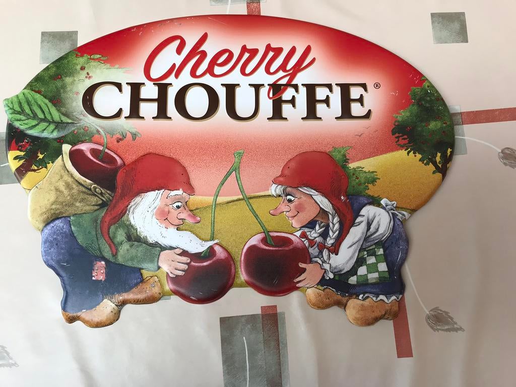 Cherry chouffe metalen reclamebord, Verzamelen, Ophalen of Verzenden, Gebruikt, Reclamebord, Plaat of Schild