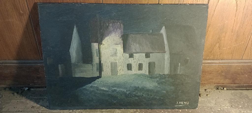 Peinture sur bois signée "J. MENU", 45x32, n202, Enlèvement ou Envoi