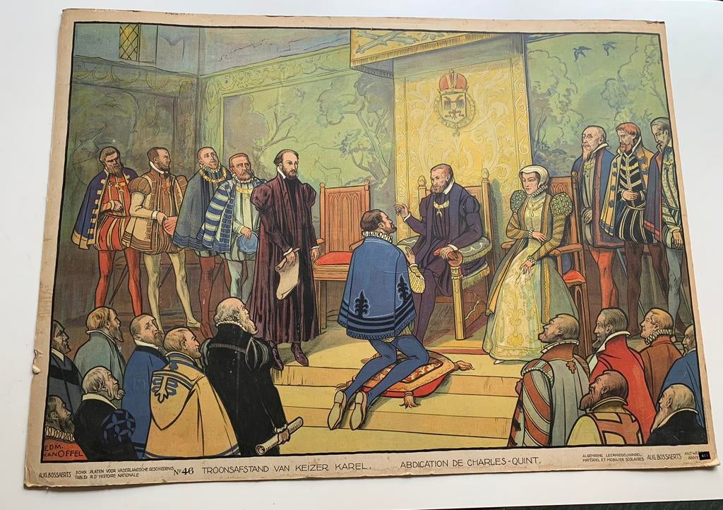 Oude Schoolplaat: de troonsafstand van Keizer Karel, Ophalen of Verzenden, Geschiedenis