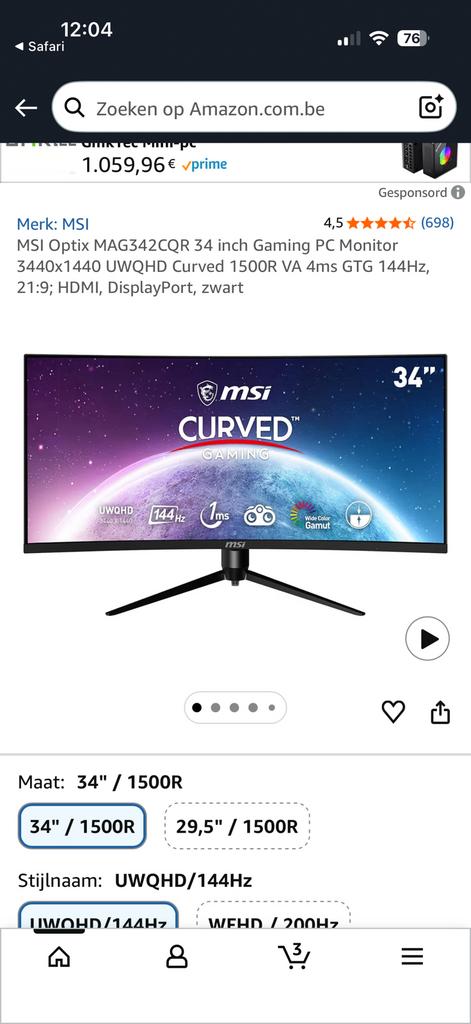 Msi curved 34inch monitor, Ophalen, Zo goed als nieuw