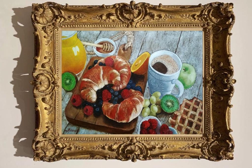Peinture « Nature morte avec café et croissants », Antiquités & Art, Envoi