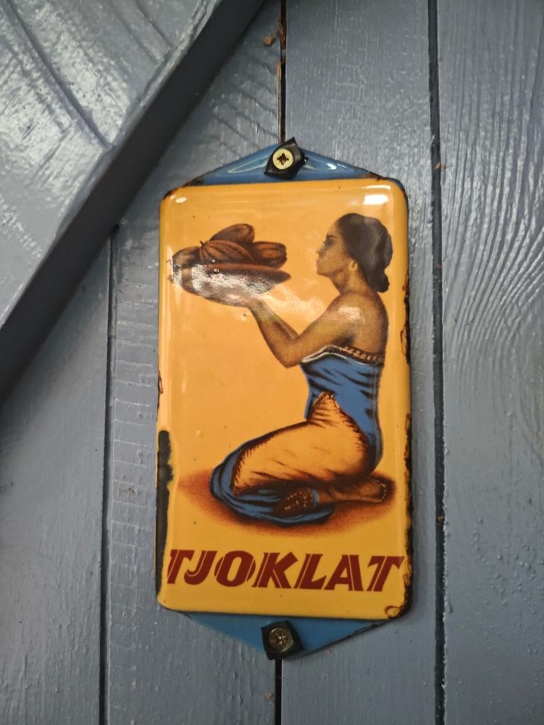 Emaille deurpostje Tjoklat, Verzamelen, Ophalen of Verzenden, Gebruikt, Reclamebord