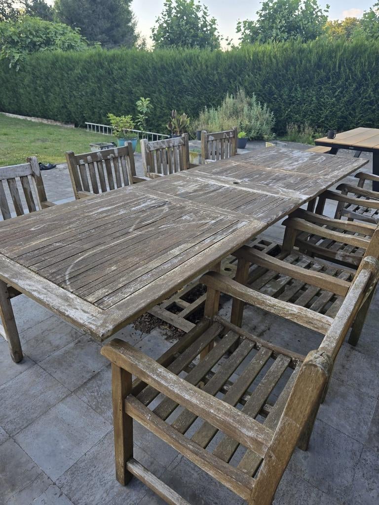 Houten tuinmeubelset met 8 stoelen  en stoelkussens, Tuin en Terras, Ophalen