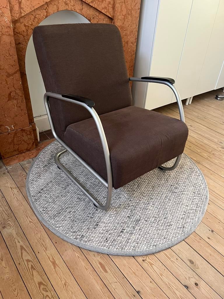 retro 1-zit in bruin ribfluweel, Huis en Inrichting, Fauteuils, Ophalen, Minder dan 75 cm, Retro/ 70s, Zo goed als nieuw