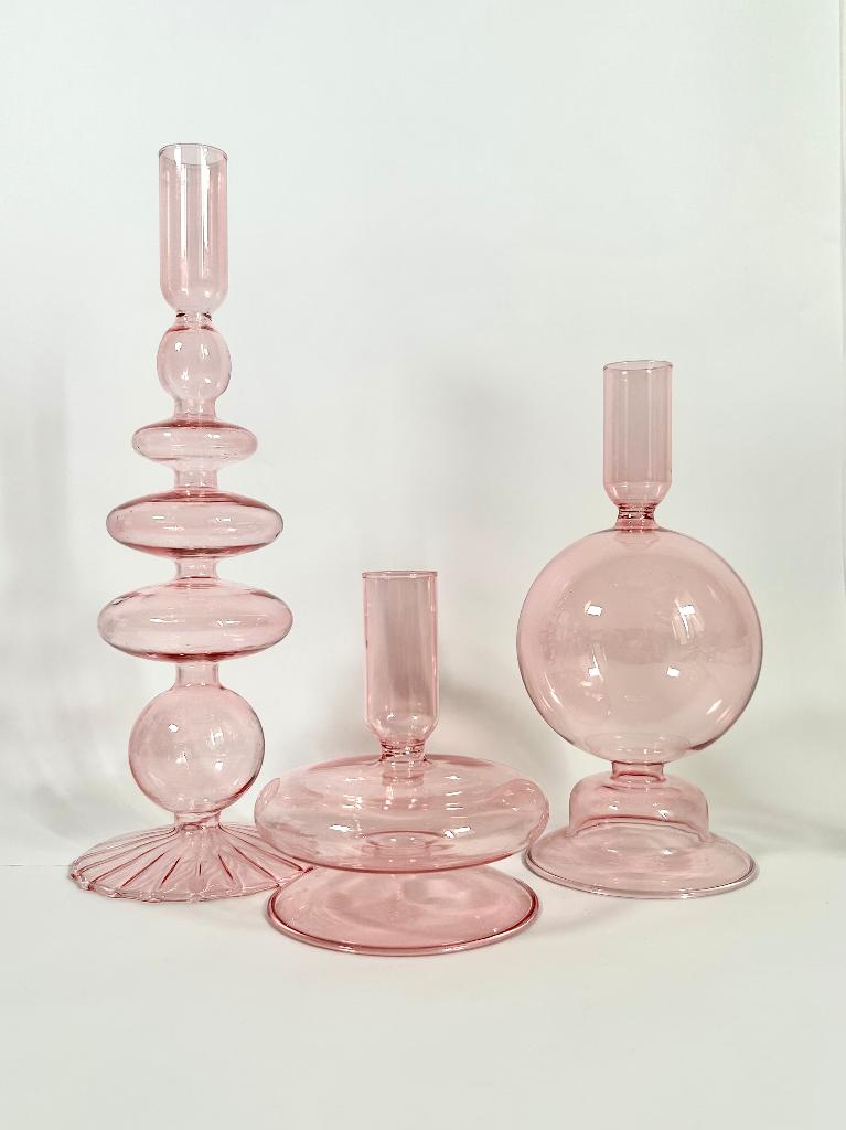 Set van 3 glazen kandelaars – modern design in roze glas, Overige materialen, Overige kleuren, 25 tot 50 cm, Verzenden