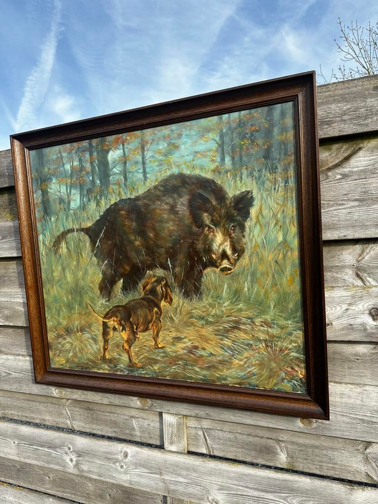 Schilderij jacht everzwijn hond getekend, Ophalen