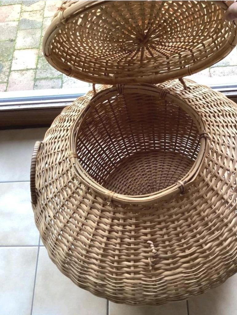 ⭐️ Retro malle XL rond osier tressé couvercle fait main, Osier ou Rotin, Utilisé, 50 à 75 cm, 50 à 75 cm