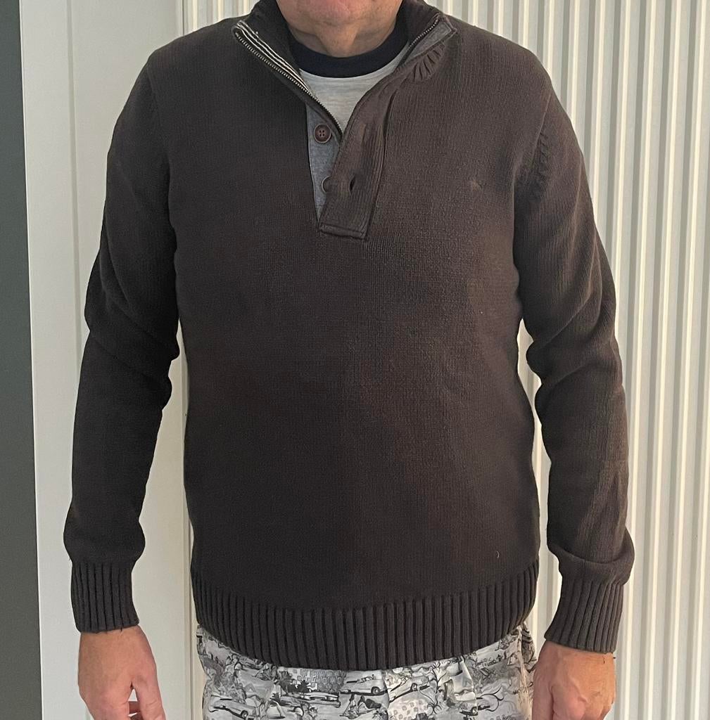 Haze&Finn  schipperstrui effen textuur knoopsluiting en rits, Enlèvement ou Envoi, Brun, Porté, Taille 56/58 (XL)