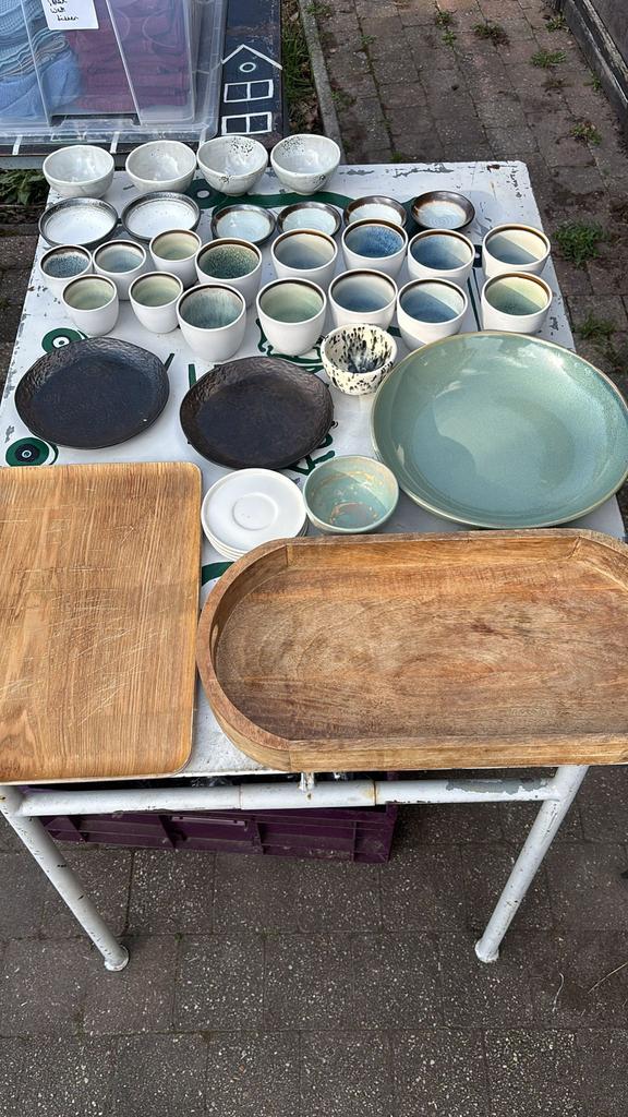 Grote set Modern Servies & Hout – Keramiek/Mangohout (€45), Enlèvement, Utilisé