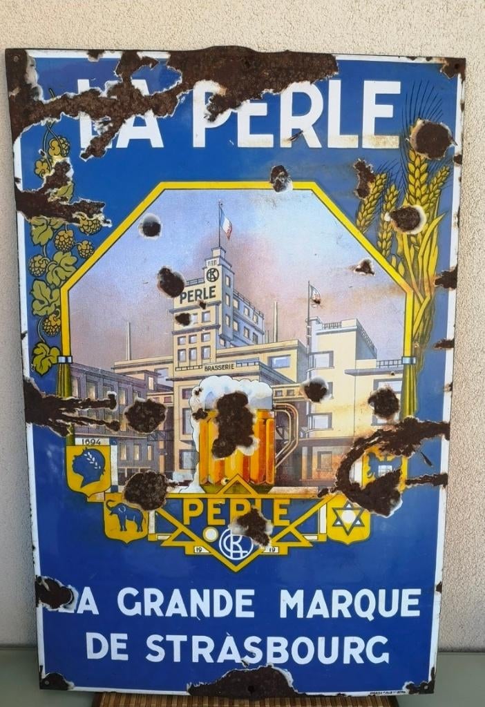 Plaque émaillée bière La Perle emaillerie Alsacienne 1919, Collections, Marques & Objets publicitaires, Enlèvement ou Envoi, Utilisé