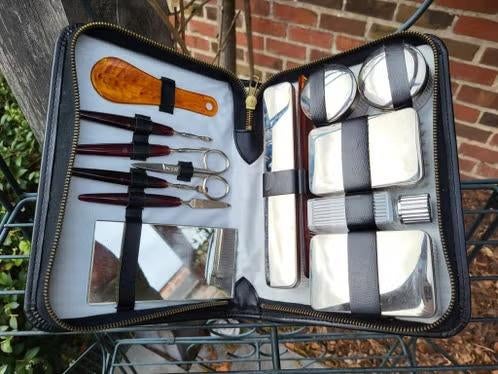 Prachtige Vintage Leren Heren Toilettas / Grooming Kit, Ophalen, Zwart