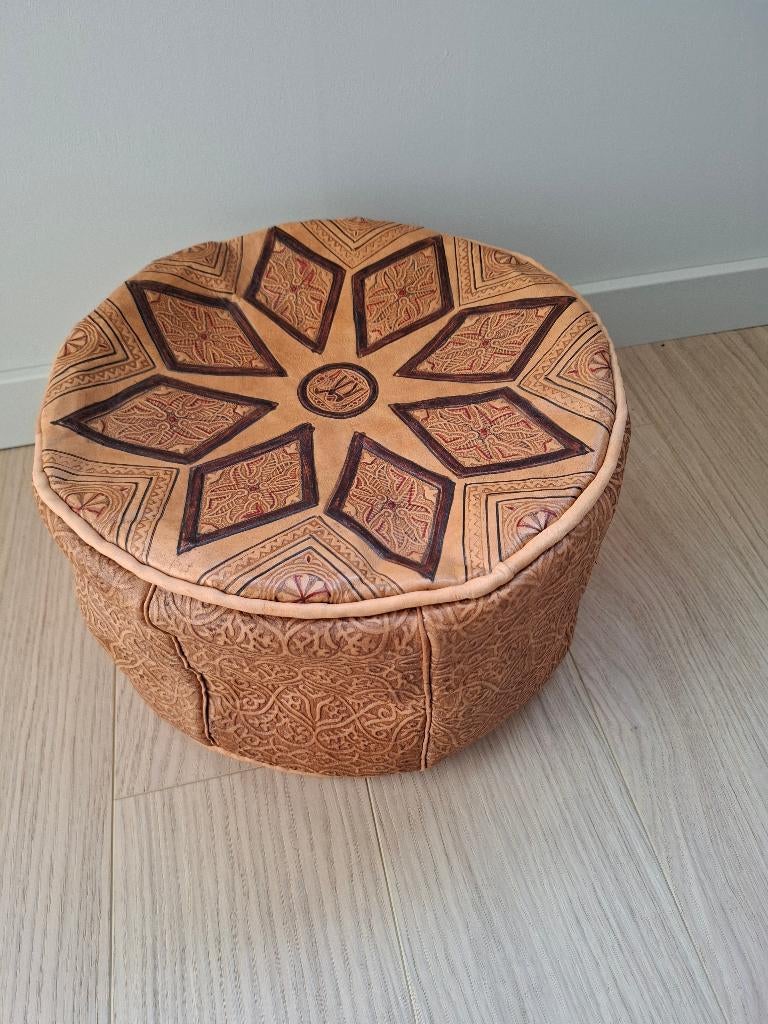 Oosterse poef -  echt leder, Maison & Meubles, Rond, Comme neuf, Enlèvement, Cuir