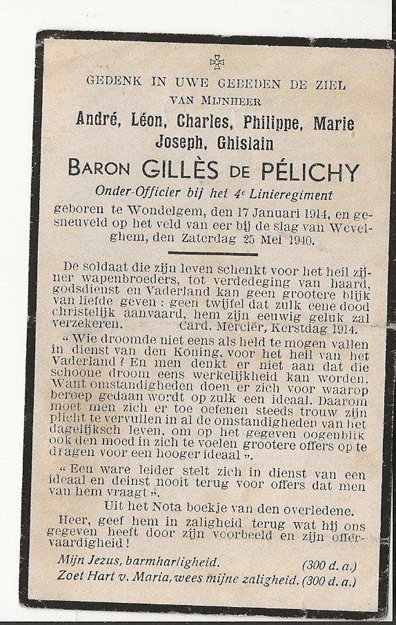 w02 dp militair o/o  +25/5/1940 baron de pelichy, Collections, Images pieuses & Faire-part, Enlèvement ou Envoi, Image pieuse