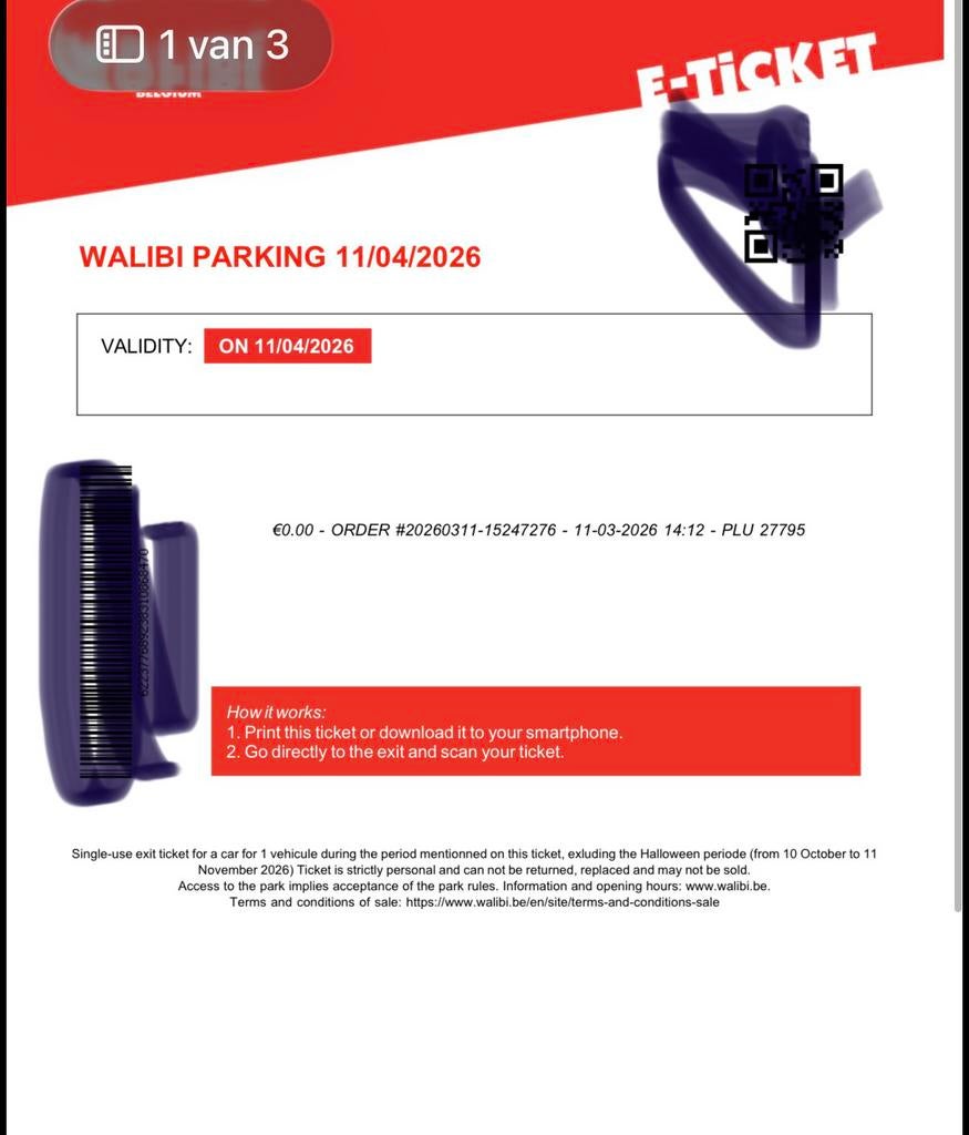 Stationnement Walibi valable le 11/04, Une personne, Ticket ou Carte d'accès