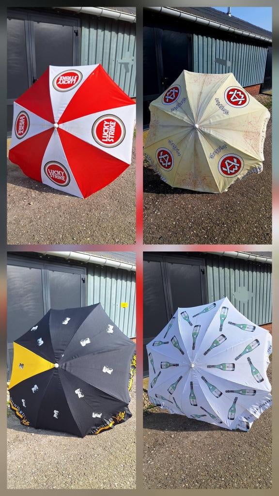 Vrolijke vintage reclame parasol, parasols, div. soorten🌞, 1 à 2 mètres, Enlèvement, Utilisé, Parasol sur pied