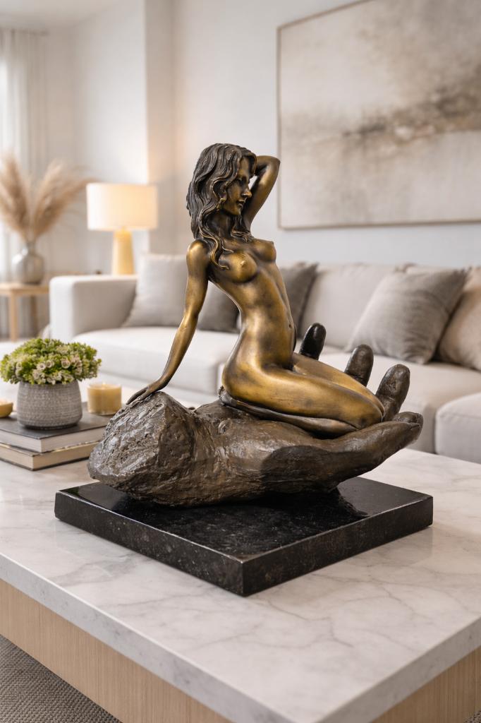 Bronzen beeld ,sensuele vrouw op hand, Ophalen of Verzenden, Brons, Gemerkt, Beeld