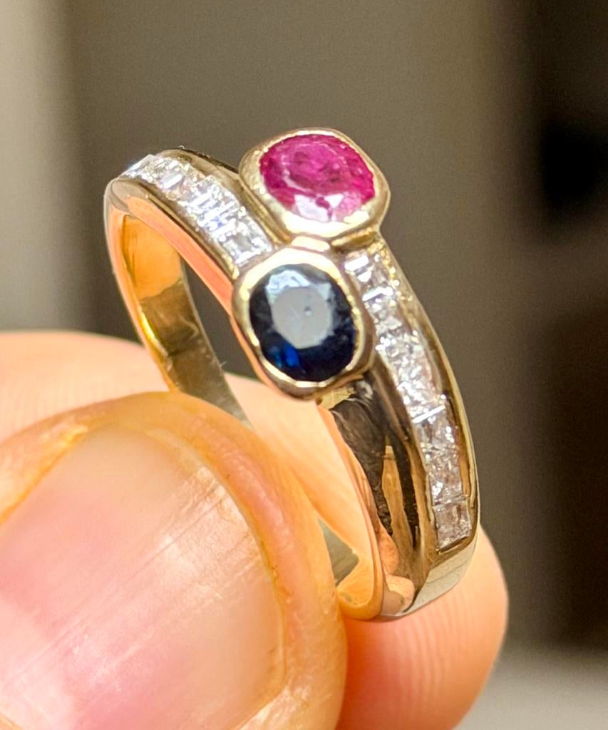 18K gouden ring met natuurlijke diamanten, saffier, robijn!, Bijoux, Sacs & Beauté, Bagues, Or, 19 à 20, Jaune, Enlèvement ou Envoi