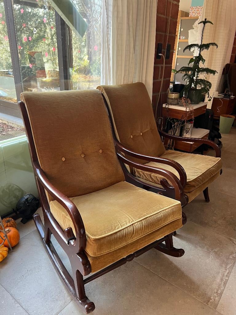 Vintage fauteuils, Huis en Inrichting, Fauteuils, Gebruikt, Hout, Stof, 50 tot 75 cm, 75 tot 100 cm, Ophalen