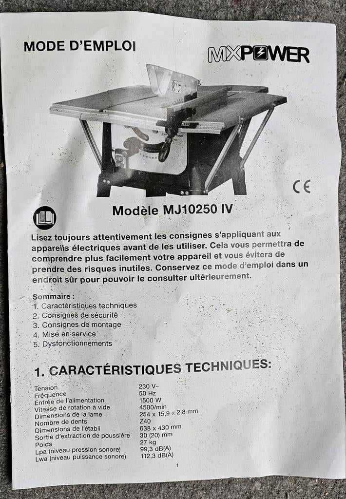 Scie à table MXPower MJ10250, Enlèvement