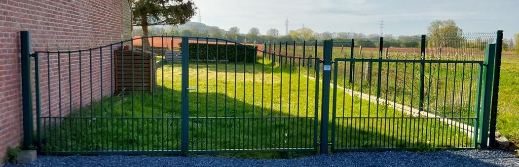 Portail  vert 2 vantaux de 4m +1 partie fixe de 2,5m, 200 cm ou plus, Portail battant, Acier, Utilisé