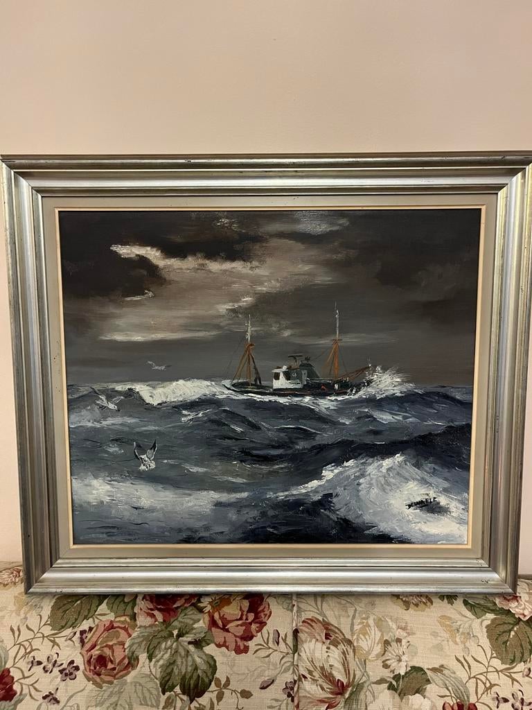 Peinture de mer vintage avec huile de navire signée Dewaele, Enlèvement