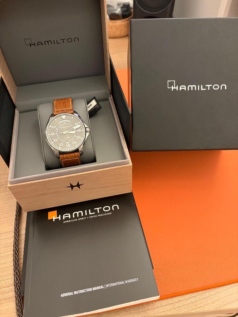 Hamilton Khaki Pilot Aviation Day Date, Overige merken, Leer, Staal, Polshorloge