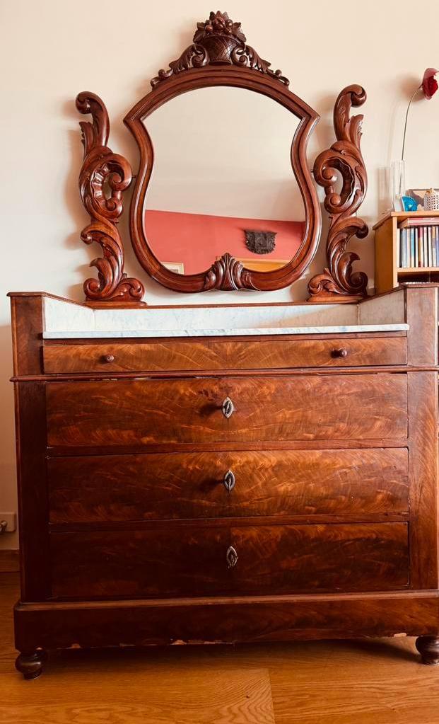 Mahoniehouten commode met spiegel, marmeren blad, Enlèvement