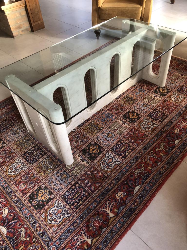Glazen tafel met marmeren onderstel, Huis en Inrichting, Ophalen, 100 tot 150 cm, 50 tot 75 cm, 50 tot 100 cm