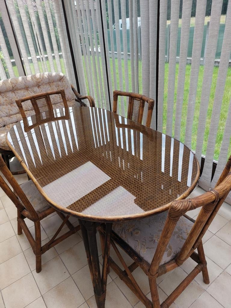 Rotan tafel en 4 stoelen, Ophalen, Gebruikt, Glas