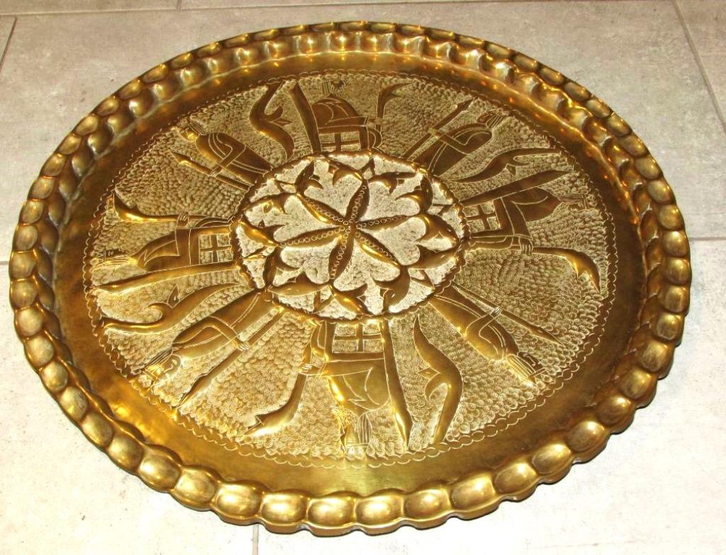 Oude koperen wandbord met historische motieven - H, 50 cm, Ophalen of Verzenden, Koper