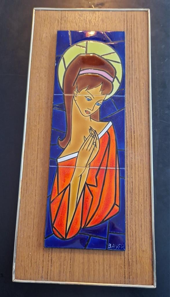 Keramiek Bayer op houten kader en koper omlijsting,  zeer mo, Antiquités & Art, Enlèvement ou Envoi