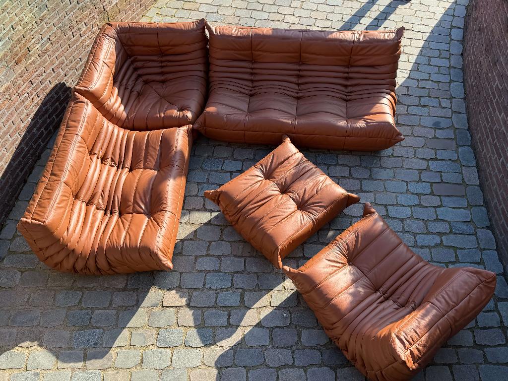 5-delige Togo Ligne Roset sofa - cognac lichtbruin leder, Ophalen, Zo goed als nieuw, Leer