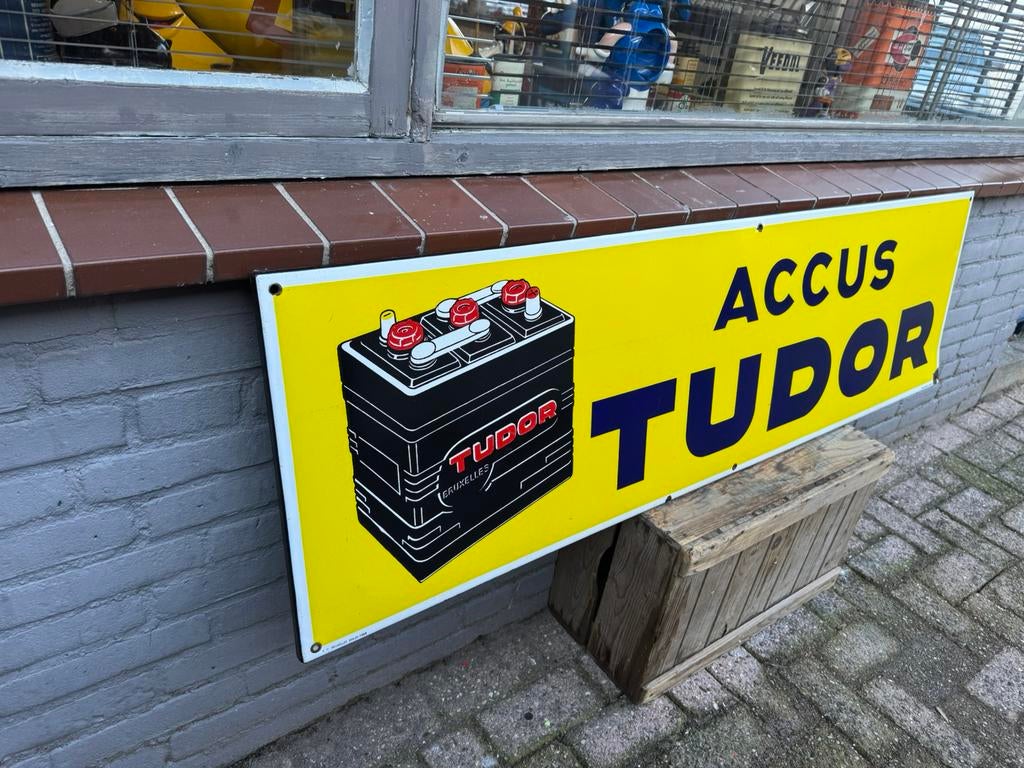 TUDOR Accus oud emaille reclamebord, Ophalen