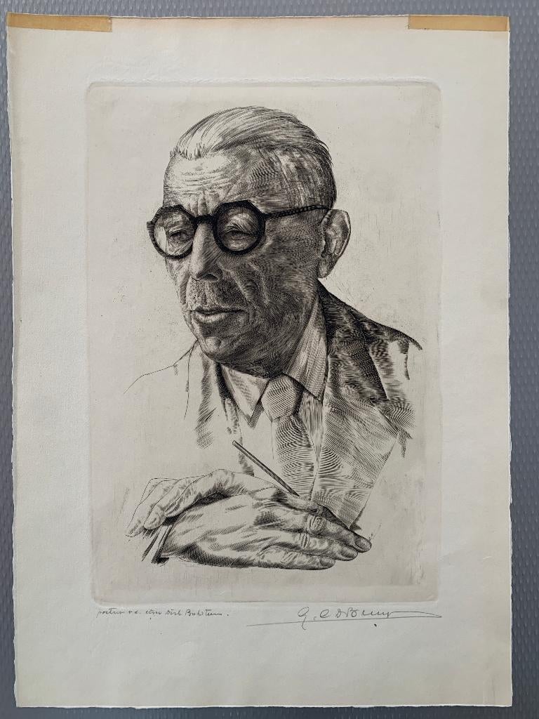 Gustaaf de Bruyne - ets - portret van etser Dirk Baksteen, Ophalen of Verzenden, Portret, Ets, Gesigneerd