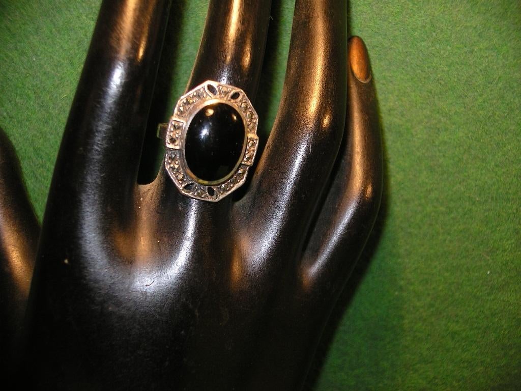 BAGUE ARGENT 925/CHATON EN ONYX/CERCLAGE AMETHYSTES, Femme ou Homme, Utilisé, Avec pierre précieuse, Argent