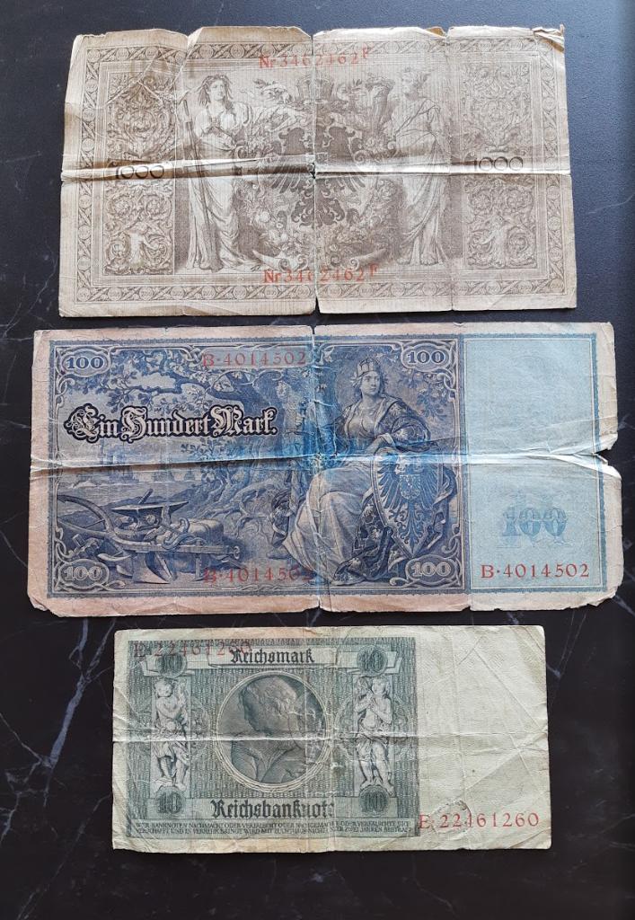 Reichsbanknote 10, 100, 1000 Mark, Verzenden, Duitsland, Setje